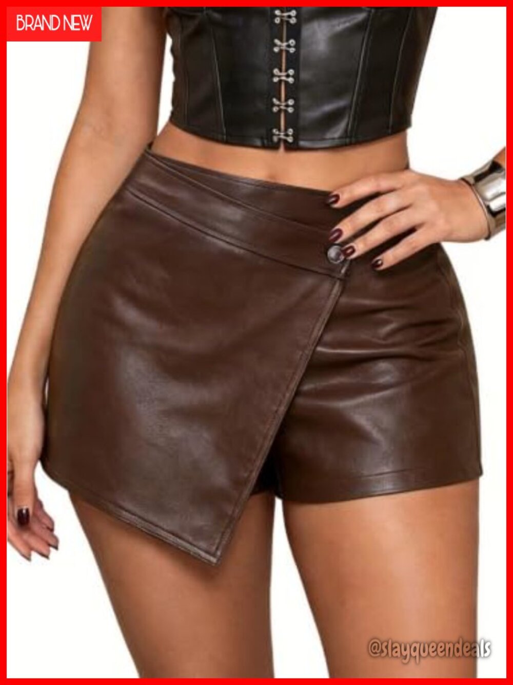 Faux Leather Asymmetrical Wrap Mini Skort with Pockets High Waist